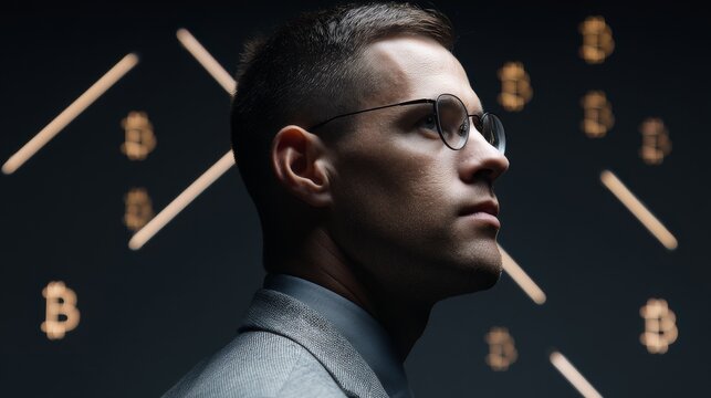 A man exuding confidence, dressed in a suit and sporting glasses, is depicted with a smile as he is surrounded by floating bitcoin symbols on a dark background, representing digital currency and