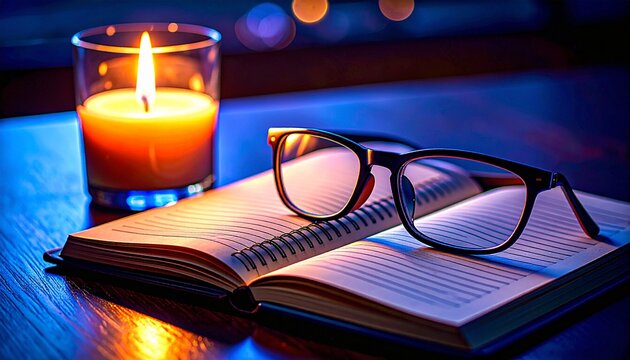 Evening Ambiance Candlelight, Glasses, and Open Book - Powered by Adobe