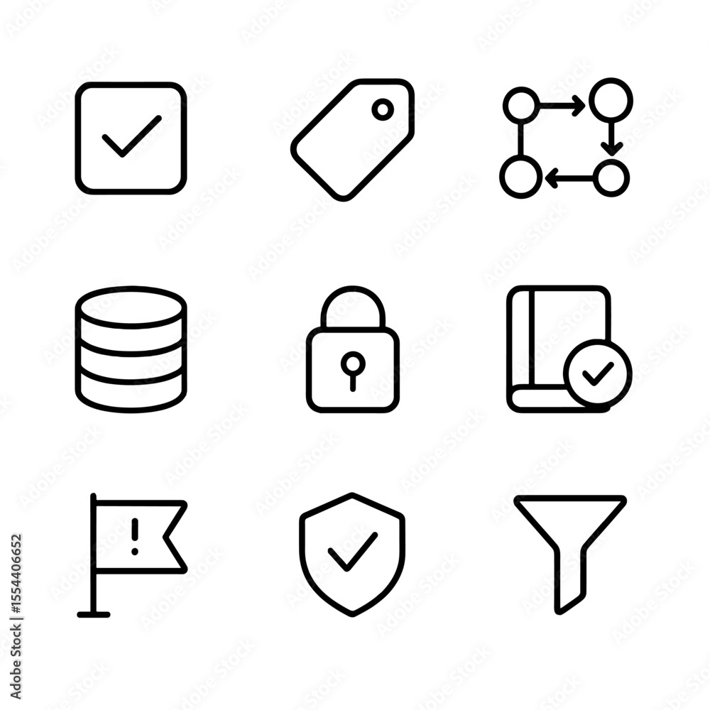 Poster data governance icons. outline icon set of data quality and governance: data validation checkmark, m