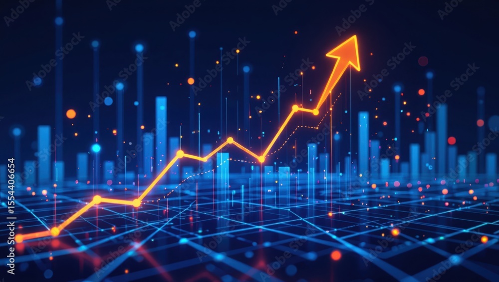 Poster digital financial growth chart with upward trending arrow and glowing data points on a futuristic da