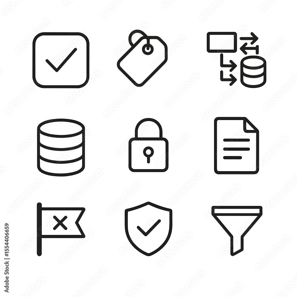 Poster data governance icons. outline icon set of data quality and governance: data validation checkmark, m