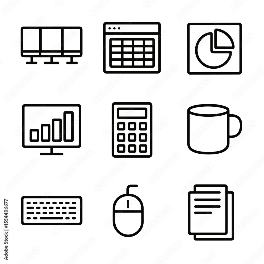 Poster data analysis icons. outline icon set of data analysis desk: multiple monitors, spreadsheet window, 