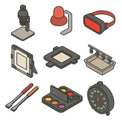 Darkroom Essentials Icons. Isometric Flat icon set of darkroom equipment essentials: enlarger, safelight lamp, red head lamp,