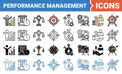 Performance management icon set with multiple style collection.