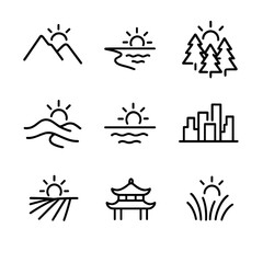 Obraz premium Dawn Environment Icons. Outline icon set of dawn environments: mountain silhouette, beach shoreline, forest edge, desert dunes,