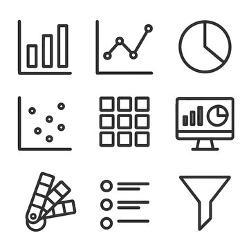 Data Visualization Icons. Outline icon set of Data Visualization Tools: bar chart, line graph, pie chart, scatter plot, heatmap