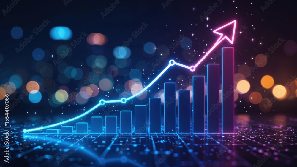 Poster neon glowing bar chart with upward trending line and arrow against a bokeh city background symbolizi