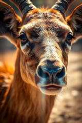 Close-up portrait of a playful brown calf with a gentle expression in a natural setting
