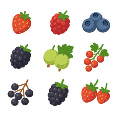 Summer Berry Icons. Isometric Flat icon set of summer berry harvest: strawberries, raspberries, blueberries, blackberries,