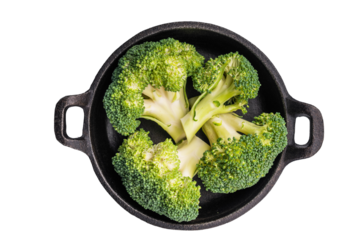 Fresh raw broccoli pieces in a skillet isolated on white background. top view