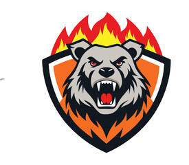 Roaring bear head mascot logo with fire lit eyes and fierce face Vector illustration