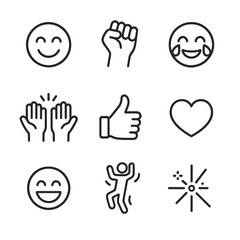 Victory Icons Set. Outline icon set of victory emotions: joyful face, triumphant fist pump, tears of joy, high five hands, thumbs