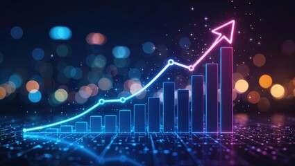Neon glowing bar chart with upward trending line and arrow against a bokeh city background symbolizing growth