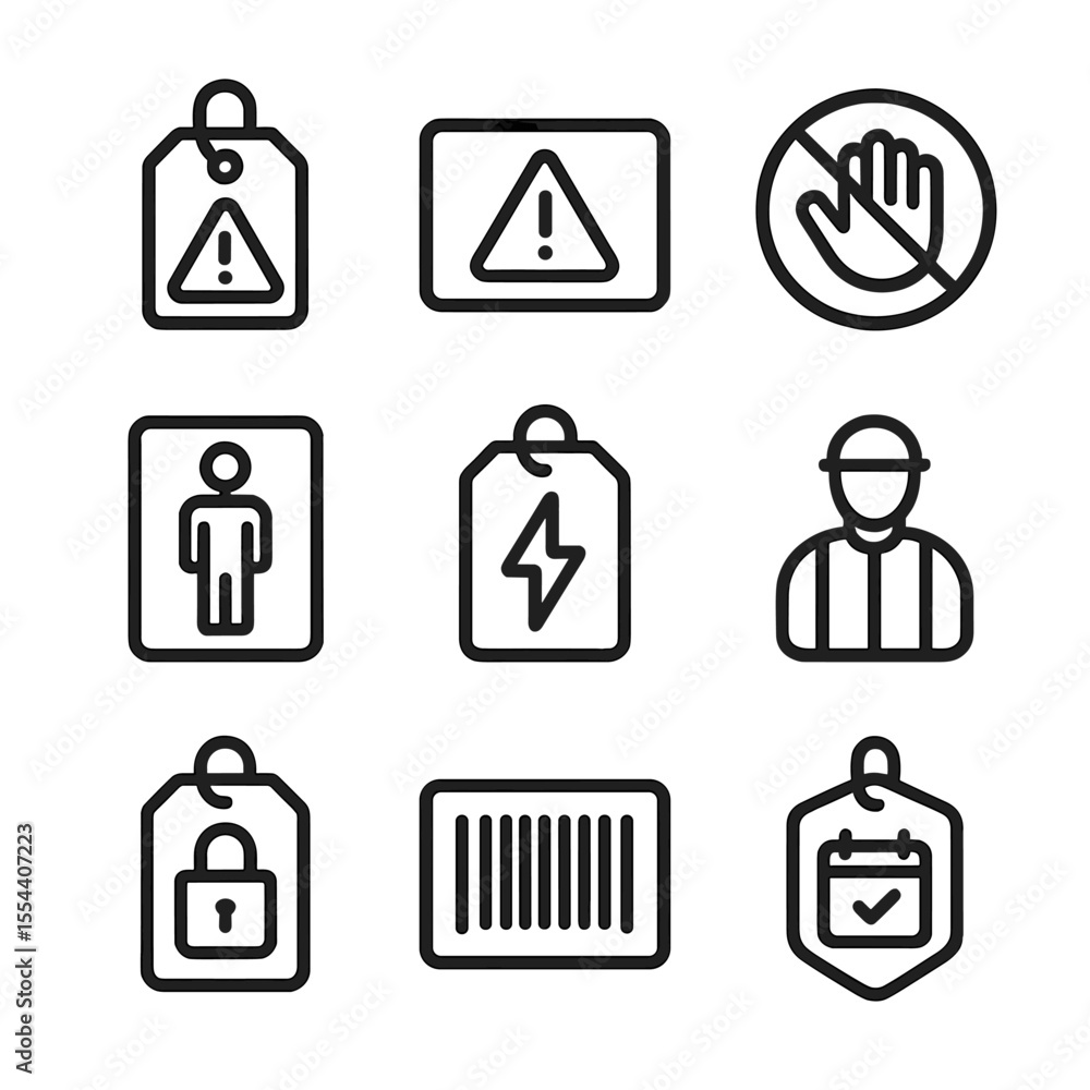 Poster warning icons set. outline icon set of warning labels and tags: danger tag, caution label, do not to