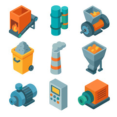 Waste-to-Energy Icons. Isometric Flat icon set of waste-to-energy conversion: incinerator furnace, heat exchanger, steam turbine,