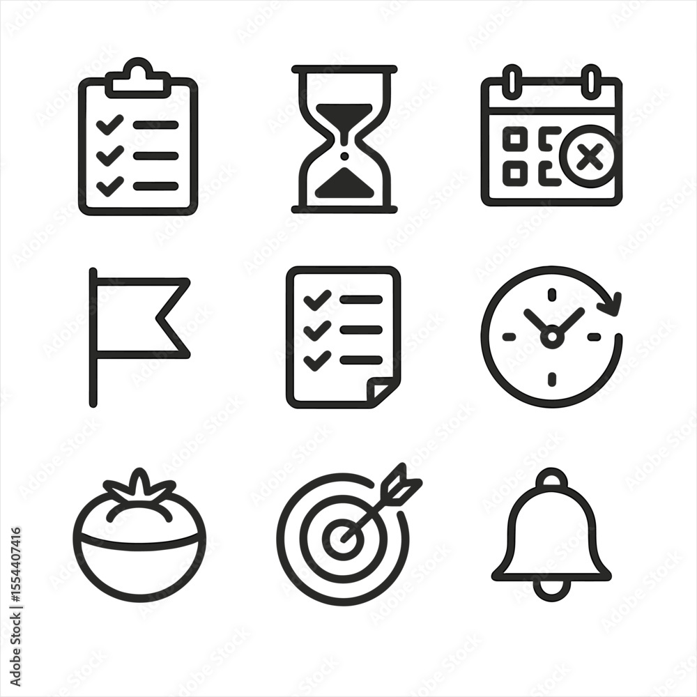 Poster time management icons. outline icon set of time management techniques: to-do list clipboard, timer h