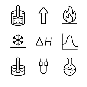 Thermochemistry Icon Set. Outline icon set of Thermochemistry and Energetics: calorimeter, heat flow arrow, exothermic reaction
