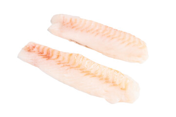 Loin cod fish fillets, ready for cooking raw Boneless whitefish meat isolated on white background
