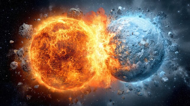 Two celestial spheres, one fiery and one icy, collide mid-space with explosive debris scattering around them.
