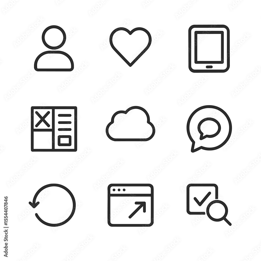 Poster ux design icons. outline icon set of user experience and design thinking: user silhouette, empathy h