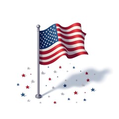 3D isometric American flag vector on waving pole with stars and shadows, clean white layout for 4th of July celebration, patriotic editable design with no people or brand elements