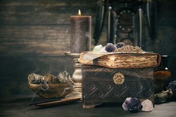 Vintage Chest with Journal and Candlelight Ambiance