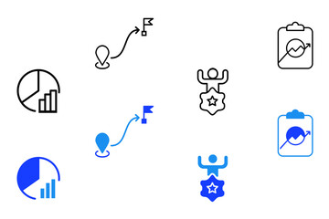 Strategy line and flat icons set. Goal, vision, mission, planning, roadmap, business model, tactics, competitive advantage, objectives icons. Editable vector illustration