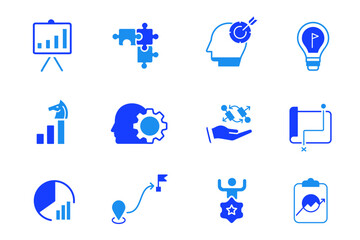 Strategy best solid icons set. Goal, vision, mission, planning, roadmap, business model, tactics, competitive advantage, objectives icons. Editable vector illustration