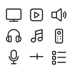Voice-Controlled Entertainment Icons. Outline icon set of voice-activated entertainment: TV screen, play button, speaker, headset,