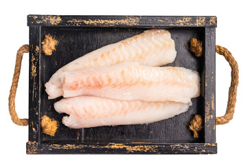 Fresh fish meat, Raw cod loin pieces without skin in wooden tray isolated on white background
