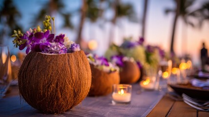 Coconut shell centerpieces adorn a romantic beachside table setting at sunset, with soft lighting and blurred tropical background