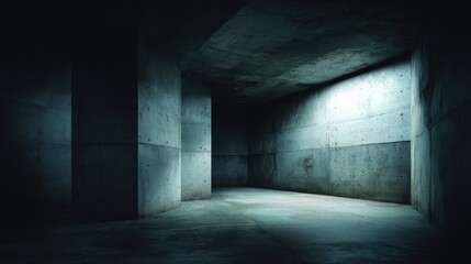 A dimly lit, empty concrete room with visible seams and a single light source casting shadows on the walls.