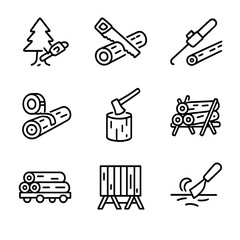 Wood Preparation Icons. Outline icon set of wood preparation process: tree felling, bucking saw, delimbing saw, log measuring tape