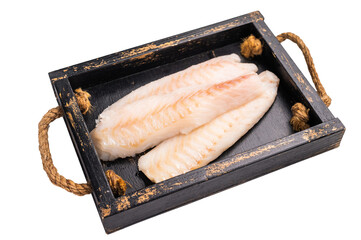 Fresh fish meat, Raw cod loin pieces without skin in wooden tray isolated on white background