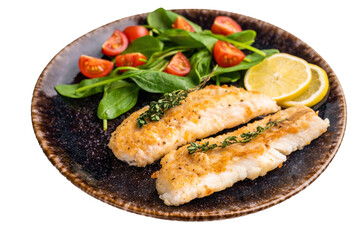 Roast Cod fish fiilets, white fish meat on plate with salad isolated on white background