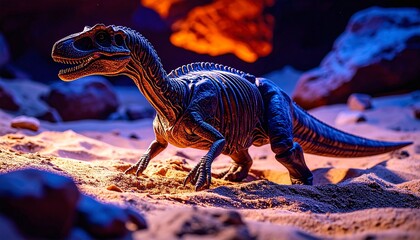 Fototapeta premium Majestic Dinosaur Skeleton in Prehistoric Landscape 3D Render