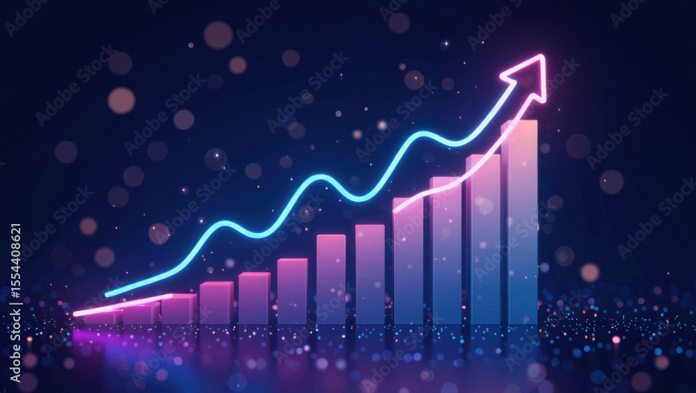 Aufkleber neon growth arrow and bar graph ascend against a dark bokeh background symbolizing financial success