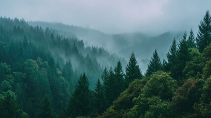 Fototapeta premium Misty forest landscape with layers of evergreen trees fading into foggy hills under a cloudy sky.