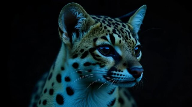 Watch a nocturnal adult common genet in striking 4k footage, its spotted fur, elongated muzzle, and large eyes illuminated by infrared nighttime lighting.