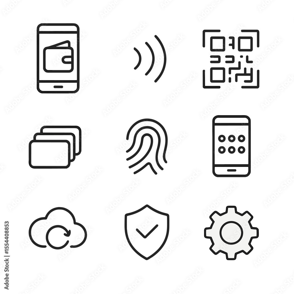 Poster digital wallet icons. outline icon set of digital wallet features: smartphone with wallet app, nfc s