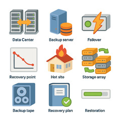 Disaster Recovery Icons. Isometric Flat icon set of disaster recovery planning: data center replication, backup server, failover