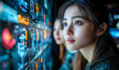Young woman analyzing futuristic digital data interfaces on transparent screen with blurred person in background technology concept