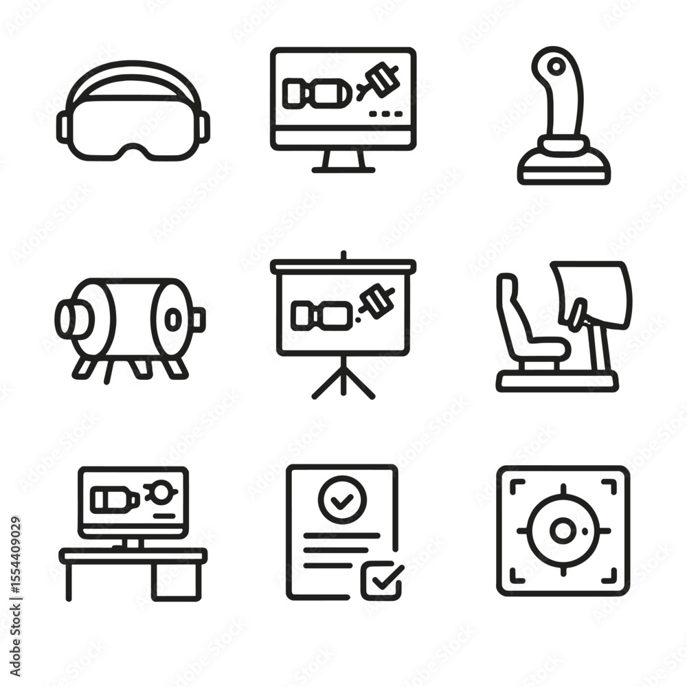 Poster docking training icons. outline icon set of docking simulation training: vr headset, simulation soft