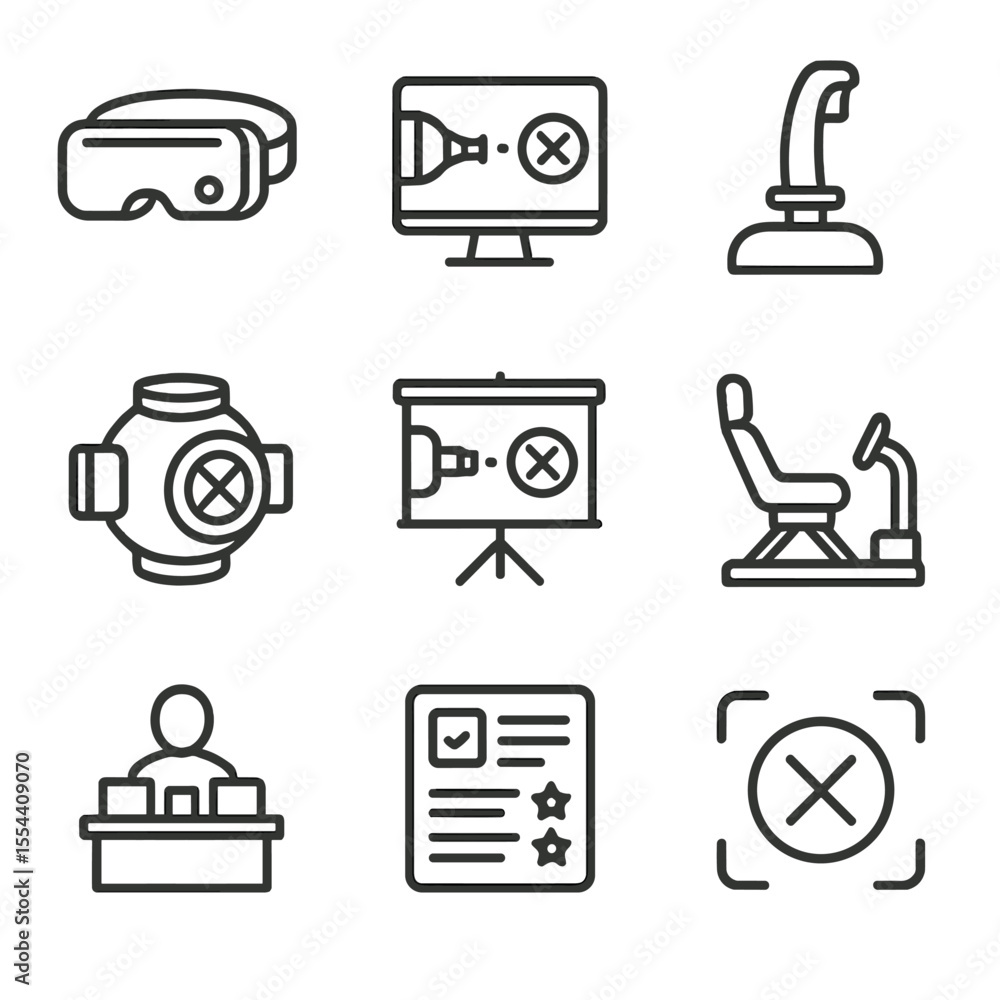 Poster docking training icons. outline icon set of docking simulation training: vr headset, simulation soft