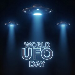 Celebrating World UFO Day A Cosmic Tribute with UFOs Casting Eerie Blue Beams upon the Dark Starry Night