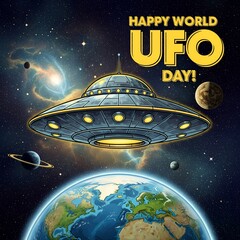 Celebrating Happy World UFO Day A Whimsical Cartoon Illustration of Earth with a Flying Saucer Amidst Stars
