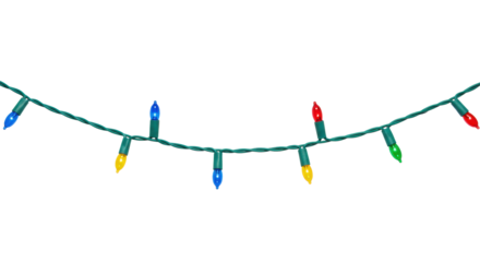 Single string of unlit christmas lights featuring miniature blue, red, green, yellow LED-style bulbs connected by green wire, arranged horizontally against a transparent isolated background with ample