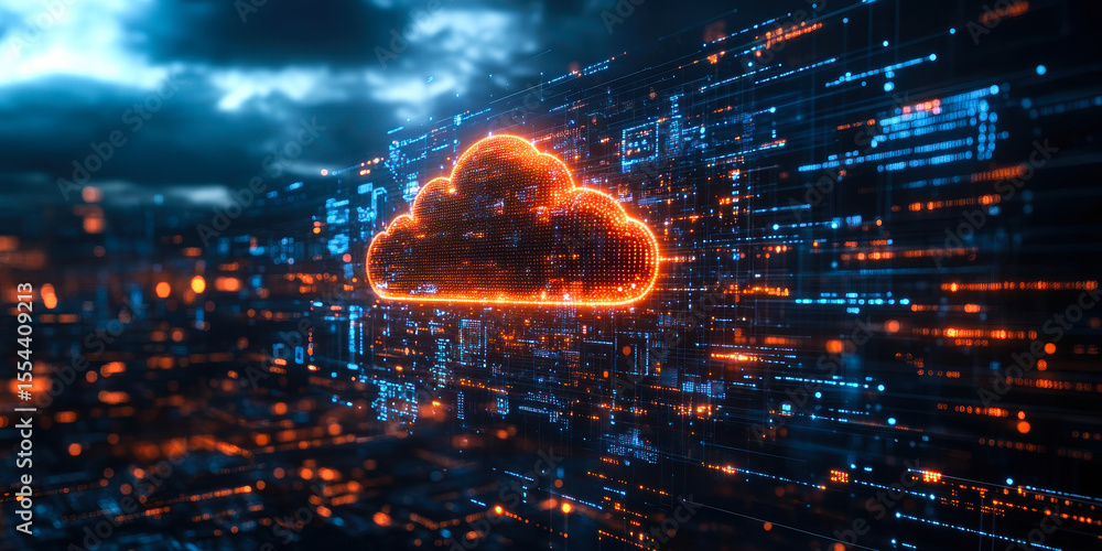 Poster futuristic digital cloud icon glowing orange with blue data streams and glowing circuitry background