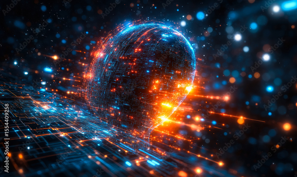 Aufkleber futuristic digital sphere with glowing blue and orange circuitry, representing advanced technology a