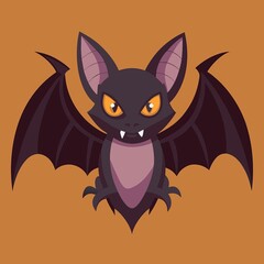"Cartoon Vampire Bat with Fiery Eyes on Orange Background"